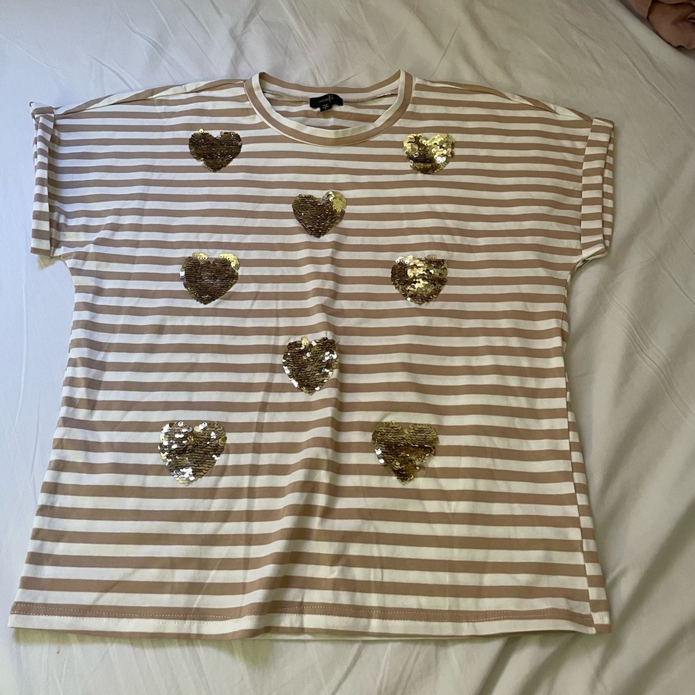 Ontwelfth Tan and Gold Striped Top with Heart Accents